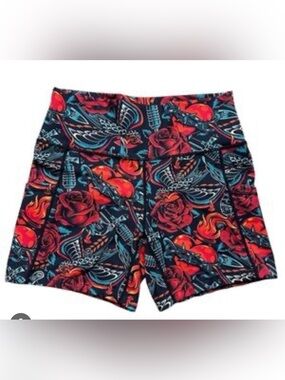 CVG “Vintage Tattoo” Floral & Swallow Print Women’s 5 in shorts - Red/Blue, Sz L